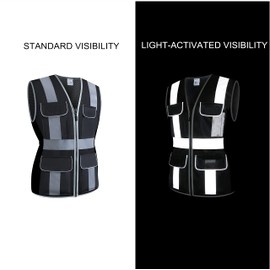 RSMINUO Reflective Safety Vest for Women, High Visibility Mesh Breathable Lady WorkWear with Pockets and Zipper (Black, Medium)