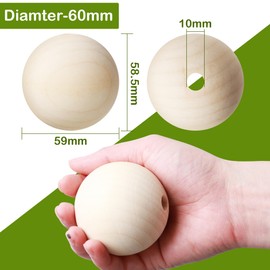 SOSMAR 6 pieces 60 mm super large wooden beads natural wooden balls with hole 10 mm for crafts, DIY crafts, decoration etc.