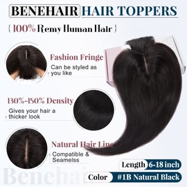 Benehair Clip in Hair Topper with Bangs Secret Topper Wiglet 100% Human Hair Clip in Top Hairpieces Fringe Bang Replacement Wiglet for Womem with Thinning Hair 6inch 27g #1B Natural Black