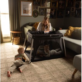 HARPPA Travel Crib with Comfy Mattress, Lightweight Portable Crib Requires No Assembly, Foldable Pack and Play for Baby and Toddlers, Compact Play Yard with Bed,Black