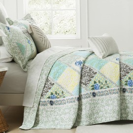 DDUOXIN Farmhouse Floral King Quilt Set, 100% Cotton Reversible Patchwork Quilt with 2 Pillow Shams, Plaid Lightweight Bedspread Coverlets Sets, Green, King