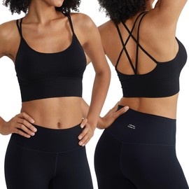 ALONG FIT Wirefree Strappy Criss Cross Sports Bra for Women Padded Yoga Bra Spaghetti Strap Sports Top Workout Gym Low Impact