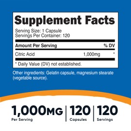 Nutricost Citric Acid 1000mg (1 Gram), 120 Capsules - Gluten Free, Non-GMO