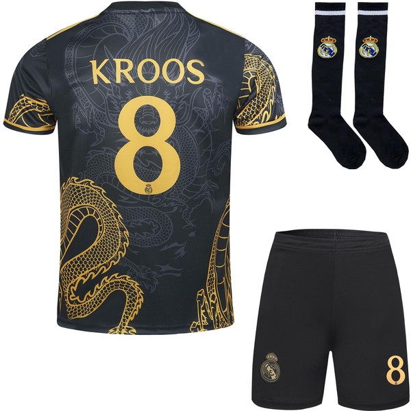 PraiseLight R. Madrid Toni Kroos #8 Children's Football Jersey Special Gold Dragon Edition Shorts Socks Set Youth Sizes (Black, 26)