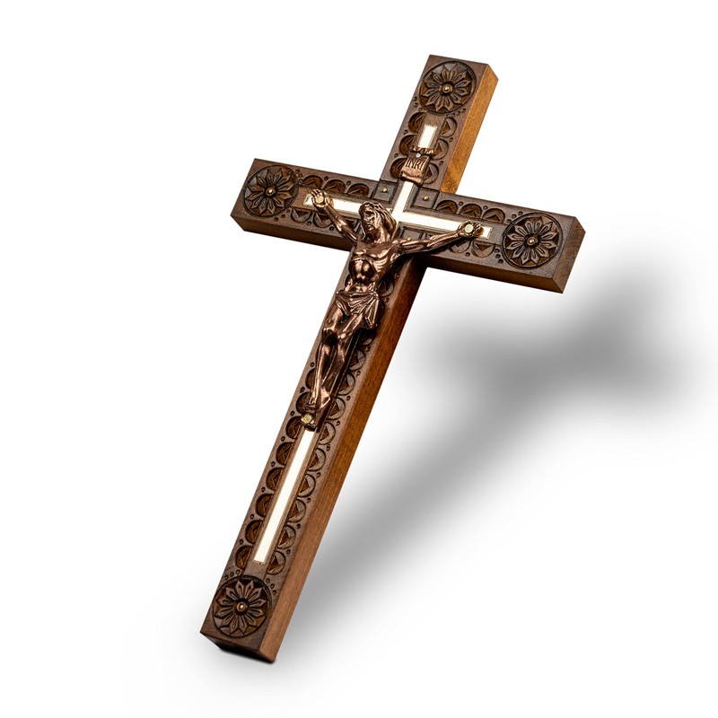 Woodvio - Hand carved wooden wall cross, Catholic crucifix