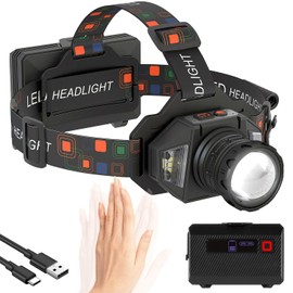 WARKAR LED Headlamp Flashlight, 2000 Lumens Super Bright Rechargeable Headlight with White Red Light | 9 Modes | Zoomable | Waterproof Motion Sensor Head Lamp for Camping Running Hunting Car Repair