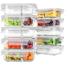 HOMBERKING 10 Pack Glass Meal Prep Containers 2 Compartment, Food Storage Containers with Lids, Airtight Lunch Bento Boxes (10 lids & 10 Containers) - White