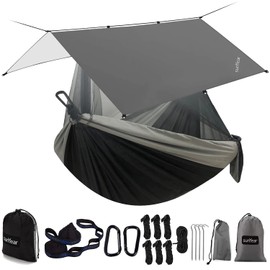 Sunyear Hammock Camping with Rain Fly Tarp and Net, Portable Camping Hammock Double Tree Hammock Outdoor Indoor Backpacking Travel & Survival, 2 Tree Straps,100% Waterproof Black/Grey Bundle