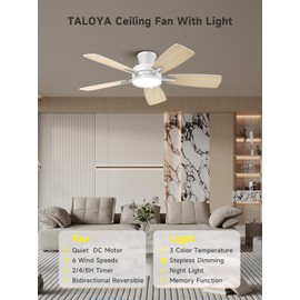 TALOYA Ceiling Fans with Lights and Remote, 46 Inch Low Profile Ceiling Fan with Light, Flush Mount, Reversible, 3CCT, Dimmable White Modern Ceiling Fan for Bedroom, Living Room, Outdoor Patio