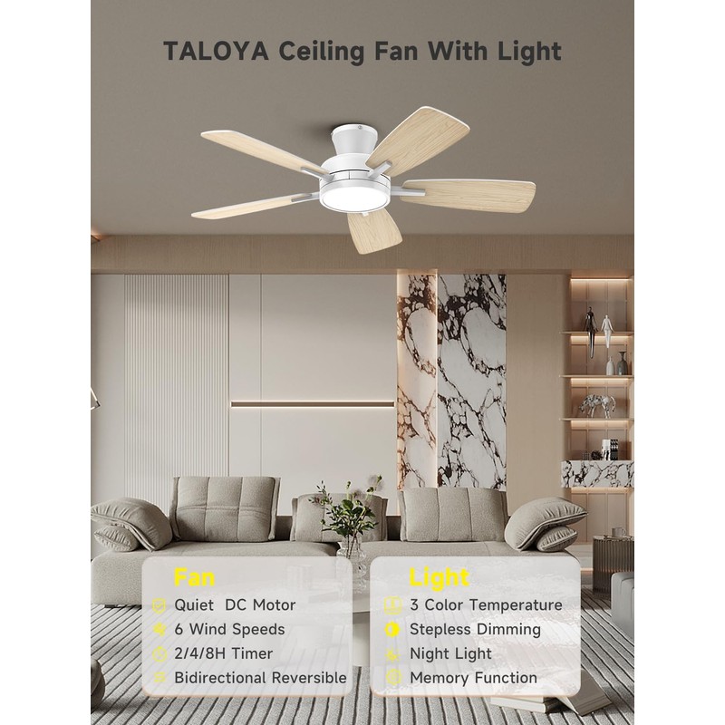TALOYA Ceiling Fans with Lights and Remote, 46 Inch Low
