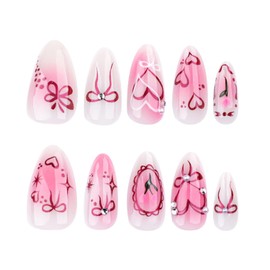 Medium Almond Press on Nails Fake Nails with Pink Heart Flower Bow Design Full Cover Glue on Nails for Women Girls 24 Pcs (Pink-10, M-10)