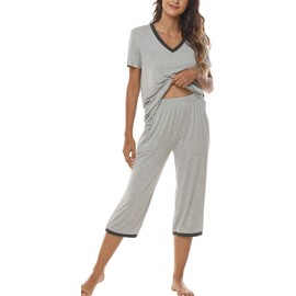 JINSHI Women's Short Sleeve Pajama Set Moisture Wicking Sleepwear for Women V-neck Sleep Tops Light Grey XX-Large