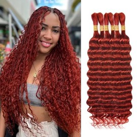 Human Braiding Hair for Boho Braids 150g 16 Inch Deep Wave Ginger Boho Braids Human Hair No Weft Boho Human Braiding Hair Curly 6 Bundles/Pack 350#