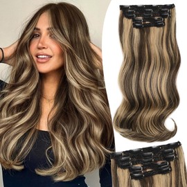 Isaic 16 Inch Brown Mix Blonde Synthetic Clip in Hair Extensions for Women Layered Straight Wavy Hair Extensions Easy to Use Adds Natural Volume and Length Perfect for Daily Wear