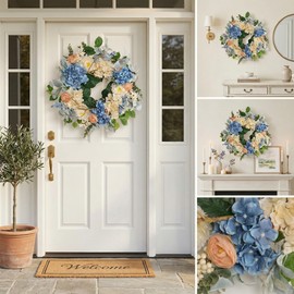 Quixem 22 Inch Hydrangea Wreath for Front Door Decor, UV Resistant Spring Floral Wreath with Blue and Peach Flowers, Waterproof Summer Wreath for Farmhouse Everyday Wreath