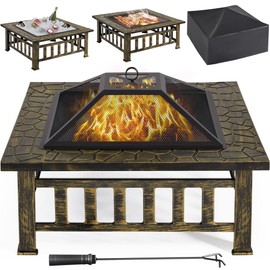 Yaheetech Fire Pit Outdoor Fire Pits with Heat-Resistant Coating Outdoor Fireplace with Spark Screen Cover and Poker