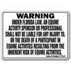 Florida Equine Sign Activity Liability Warning Statute Horse Farm Barn Stable, 10" X 14" Decal