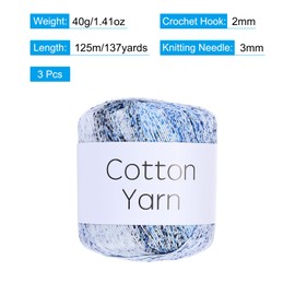 Rebower Cotton Yarn,100% Cotton Soft Knitting Yarn [for Hand DIY Bag Cushion Crocheting Knitting Project Home Decor] -3 Packages of 120g/4.23oz(Per Skein 40g/137yards)/Light Blue White