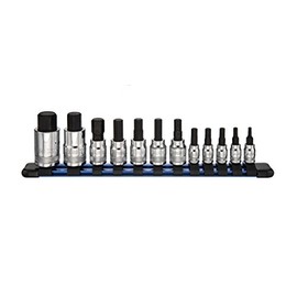 ARES 70108-Juego de 12 llaves de vaso hexagonales métricas - Vasos de cromo vanadio con puntas de aleación S2 - Incluye organizador de vasos de aluminio
