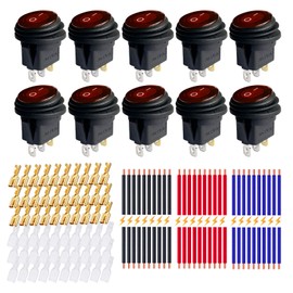 DC 12V 20A Waterproof Round Rocker Switches, Ampper 3 Pin 20MM Illuminated On Off Round SPST Toggle Switch with Wires and Terminals (Red, Pack of 10)