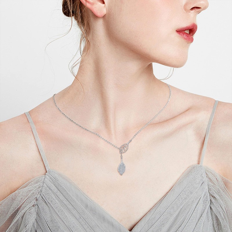 DAYLINLOVE Leaf Necklace 925 Sterling Silver Long Y Leaf Adjustable