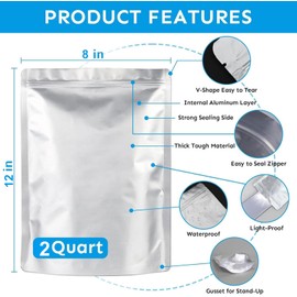 Cloudslucky Mylar Bags 2Quart 50PCS 8"X12" for Food Storage with Oxygen Absorbers&Labels,10Mil Thick Resealable Zipper&Heat Seal Stand Up Pouches for Packaging Long Term,Dried Food,BPA Free