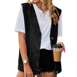 Leyoutx Women's Sleeveless Denim Vest Oversize Button Down Ripped Waistcoat Jacket(Medium, Black)