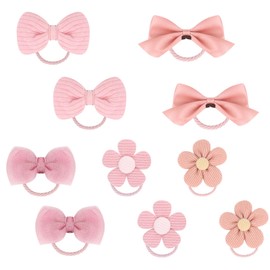 KIUEZIR Hair Ties for Toddlers, 10 Pack Soft Baby Hair Ties, Small Pink Flower Bow Hair Elastics for Girls, Cute Toddler Hair Accessories