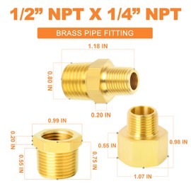 GASHER 30PCS Brass Pipe Fitting, Hex Bushing, Reducer Adapter, Reducing Hex Nipple 1/2 Inch NPT x 1/4 Inch NPT