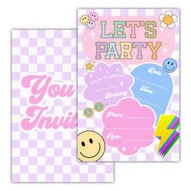 Let’s Party Birthday Invitations, Retro Smile Face Birthday Party Fill in Invites Cards With Envelopes (20 Count), Double Sided Design