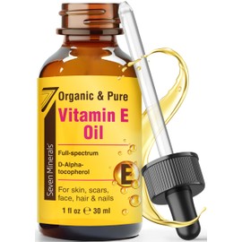 Seven Minerals Ultra Pure Vitamin E Oil - Full-Spectrum D-Alpha Tocopherol, 1 Fl Oz - 100% Organic Vitamin E Oil for Skin, Face, Hair, and Scars - Naturally Occurring = Not Synthetic
