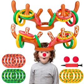 Christmas Party Ring Toss Game, Inflatable Reindeer Antler Hat with Ring, Novelty Xmas Gifts for Friends, Christmas Party Games for Kids Adults (A)