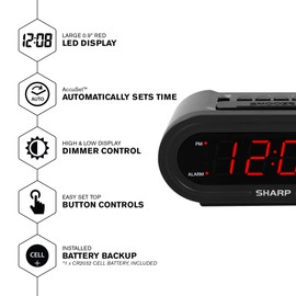 Sharp Digital Alarm with AccuSet - Automatic Smart Clock, Never Needs Setting - Great for Seniors, Kids, and Everyone who Doesn't Want to Set a Clock! Black Case with Red LEDs