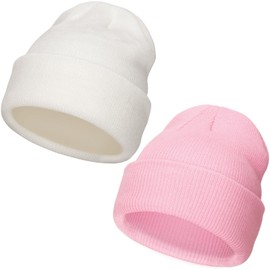 DRESHOW Toddler Beanie Children's Winter Hats Kids Soft Knitted Unisex Hat for Baby Boys Girls Warm Hat Hats for 3 Months - 6 Years, 2 Pack Hats: White/Pink