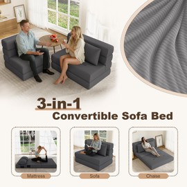 Folding Sofa Bed, One-Piece High-Density Foam Sleeper Chair, Grey, Twin