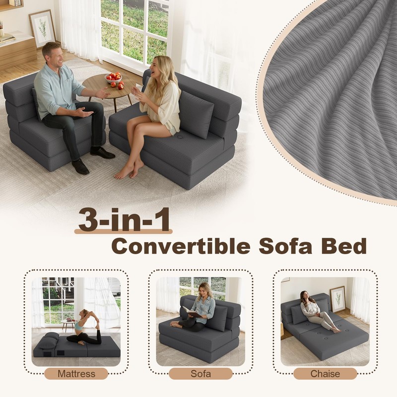Folding Sofa Bed, One-Piece High-Density Foam Sleeper Chair, Grey, Twin