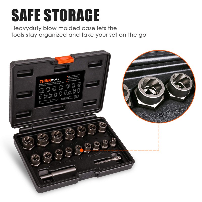 THINKWORK Bolt Extractor Kit, 18-Piece Nut Extractor Socket Set, 3/8"