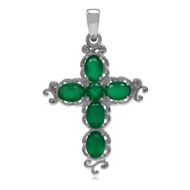 Silvershake 2.34ct. Natural Emerald Green Agate White Gold Plated 925 Sterling Silver Victorian Cross Pendant
