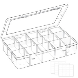 Mauproy 15 Grids Large Plastic Organizer Box with Adjustable Dividers, Compartment Container Clear Storage Box with Label Stickers for Beads, Crafts, Jewelries, Fishing Tackles