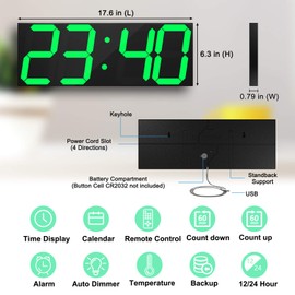 CHKOSDA LED Large Digital Wall Clock, Oversize Wall Clock with 6” Numbers, Remote Control Count up/Countdown Timer Clock, Auto Dimmer, Big Calendar and Thermometer(Green)