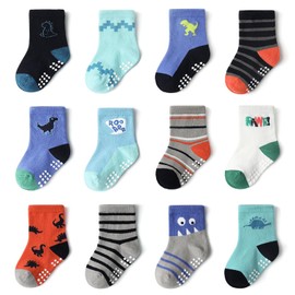 YANWANG 12 Pairs Toddler Boys Non-Slip Socks Cute Cotton with Handles Baby Boys Girls Non-Slip Socks, KB162-Dinosaurs