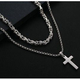 XIRUVE Men's Women's Stainless Steel Cross Pendant Layered Necklace Length 41-61 cm, Stainless Steel, No Gemstone