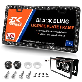 Bling License Plate Frame for Women, 1-Pack, Sparkly Diamond Car Accessories with Over 800 14-Facet Cut Rhinestones, Street-Legal, Rust-Free, Rattle-Proof, Includes Glitter Crystal Caps (Black)