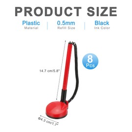 PATIKIL 8 Pcs Secure Pen with Adhesive Chain and Security Pen Holder, Reception Counter Pens Desktop Pen Black Ink Refills for Desk Workplace Office Home Supplies, Round Base, Red