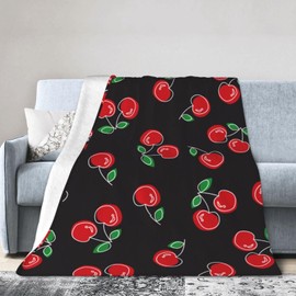 Red Cherry Black Blanket Soft Lightweight Throw Blankets Cozy Flannel Bed Throws for Sofa Couch Travel Home Room Bedroom Decor Gifts for Girls Boys Women 60"x50"