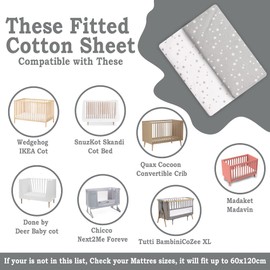 Lilly B. Organic GOTS cert. Set of 2 Cot Bed Sheets + 1 Waterproof Mattress Protector 120 x 60 cm 100% Organic Cotton Jersey for Baby Cot Toddler beds. Unisex Patterns