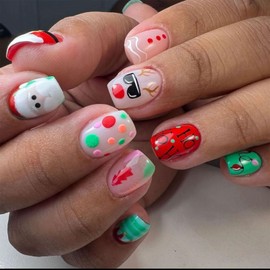 24PCS Christmas Press on Nails,Cute Short Square Xmas False Nails,Funny Fake Nails with Santa Claus Design, Unique Festival French Manicure for Women or Girls