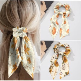 Daulesho Autumn Maple Leaves 3pcs Hair Scrunchie Ties for Women, Sketch Pumpkin Hair Ties Ropes for Ladies, Fall Sunflower 3 Pack Girl Elastic Accessory with Bows and Ribbon