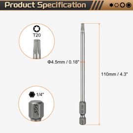 HARFINGTON T20 Torx Head Screwdriver Bit 1/4" Hex Shank 4.3" (110mm) Long Magnetic No Hole Tip Tamper Proof 6 Point Star Screw Driver Drill Bits S2 Steel Industrial Power Screwdrivers