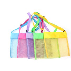 EMAXELER Colorful Mesh Beach Bags Breathable Sea Shell Bags Toy Bags with Adjustable Carrying Straps (5 PC Set) [Yellow, Rose Red, Purple, Green, Blue]